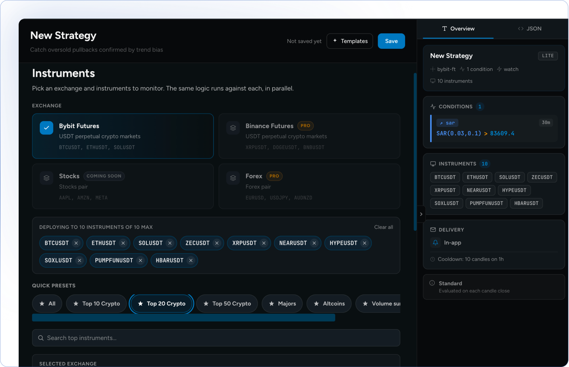 The instruments step: Bybit Futures selected, ten instruments chosen and quick presets such as Top 20 Crypto